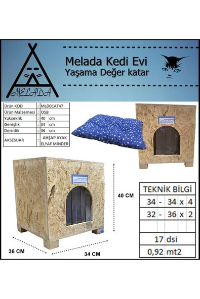 MELADA Kedi Evi Dış Ortam Uygun Ahşap Kedi Evi OSB Minderli 40x37x34 cm - 5