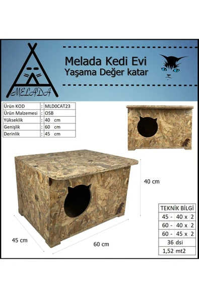 MELADA Kedi Evi Dış Ortam Uygun Ahşap Kedi Evi OSB 60x45x40 cm - 5