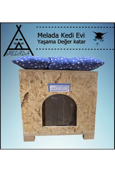 MELADA Kedi Evi Dış Ortam Uygun Ahşap Kedi Evi OSB Minderli 40x37x34 cm - 2
