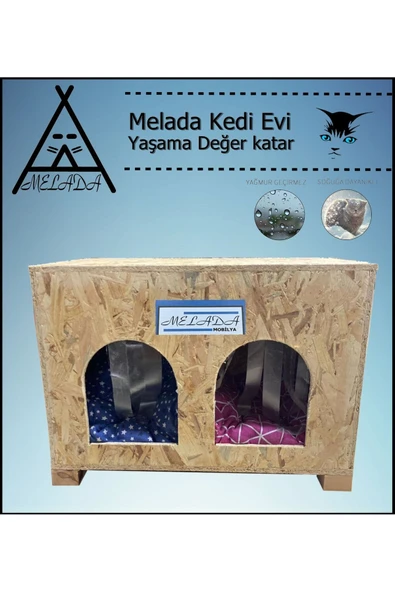 MELADA Kedi Evi Dış Ortam Uygun Ahşap Kedi Evi Double OSB Minderli 61x41x36 cm