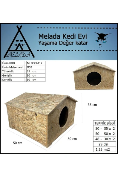 MELADA Kedi Evi Dış Ortam Uygun Ahşap Kedi Evi OSB 50x50x35 cm - 5