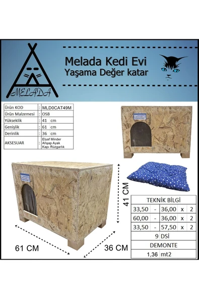 MELADA Kadima Kedi Evi Dış Ortam Uygun Ahşap Kedi Evi OSB Minderli 61x41x36 cm - 6