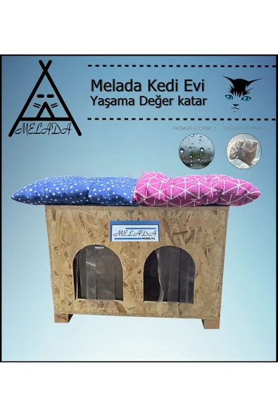 MELADA Kedi Evi Dış Ortam Uygun Ahşap Kedi Evi Double OSB Minderli 61x41x36 cm - 2