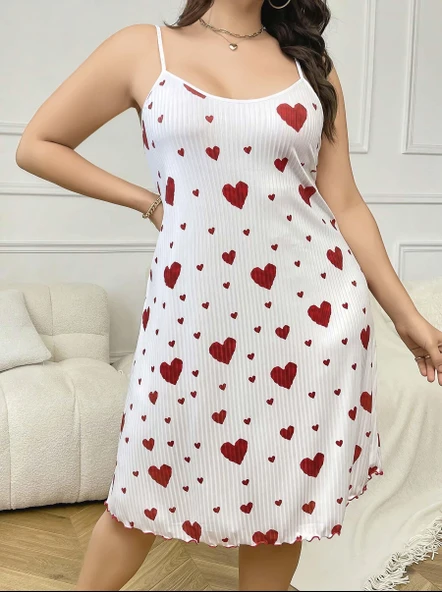 Litae Büyük Beden Kalp Desen Pamuklu İnce Askılı Uzun Gecelik - Resim 2