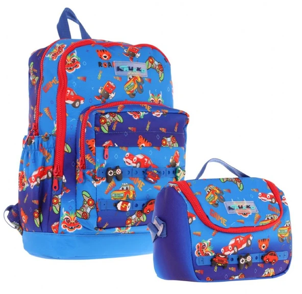 Kaukko Kids Dört Bölmeli Sırt Çantası ve Isı Yalıtımlı Beslenme Çantası Seti - Erkek Çocuk - Mavi Kırmızı ürün görseli