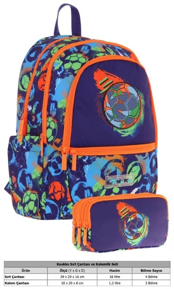 Kaukko Erkek Çocuk Dört Gözlü Okul Çantası ve Üç Gözlü Kalem Çantası Seti - Lacivert Turuncu - Futbol Topu (L5269+L8269) - Resim 2