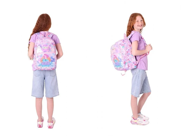 Kaukko Kids Kız Çocuk Okul Çantası ve Üç Bölmeli Kalemlik Seti (Pembe Mavi - Pullu Denizkızı) - (L5217+L8217) - Resim 3