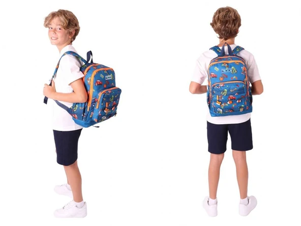 Kaukko Kids Dört Bölmeli Sırt Çantası ve Isı Yalıtımlı Beslenme Çantası Seti - Erkek Çocuk - Lacivert Turuncu - Resim 3