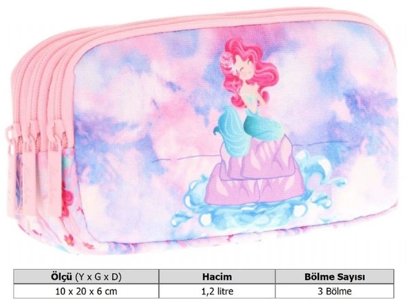 Kaukko Kids Üç Bölmeli Pembe Mavi, Denizkızı Temalı, Kız Çocuk Okul Kalem Çantası - L8217 - Resim 3