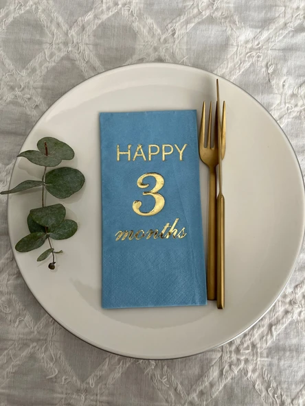 Gold Yaldızlı Mavi Happy 3 Yaş Months Garson Katlama Peçete 16 Adet ürün görseli