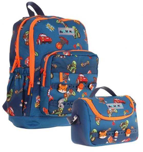 Kaukko Kids Dört Bölmeli Sırt Çantası ve Isı Yalıtımlı Beslenme Çantası Seti - Erkek Çocuk - Lacivert Turuncu ürün görseli