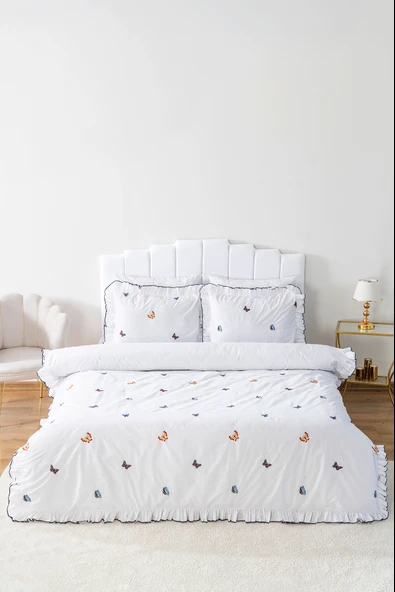 Rivaİstanbul Kelebekli Çift Kişilik Nakışlı %100 Pamuklu Nevresim Takımı & Çeyiz Seti - Resim 3