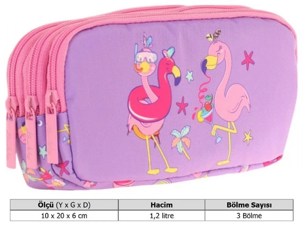Kaukko Kids Pembe Mor, Flamingolar, Kız Çocuk Üç Gözlü Okul Kalem Çantası - L8240 - Resim 3
