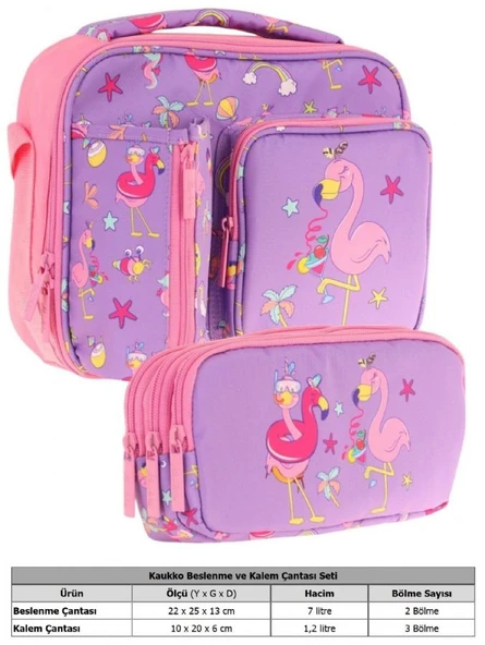 Kaukko Kids Kız Çocuk Mor Pembe Flamingo Baskılı Üç Bölmeli Thermo Beslenme Çantası ve Kalemlik Seti (L7240+L8240) - Resim 2