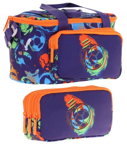 Kaukko (L7269+L8269) Beslenme Çantası (Isı Yalıtımlı) ve Kalem Çantası (Üç Bölme) Seti - Erkek Çocuk - Lacivert Turuncu Futbol Topu Baskılı ürün görseli