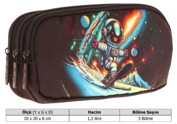 Kaukko Kids Siyah, Kayak Yapan Astonot, Erkek Çocuk Üç Bölmeli Kalemlik/Kalem Çantası - L8272 - Resim 3