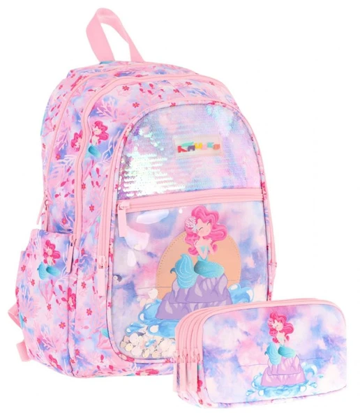 Kaukko Kids Kız Çocuk Okul Çantası ve Üç Bölmeli Kalemlik Seti (Pembe Mavi - Pullu Denizkızı) - (L5217+L8217) ürün görseli