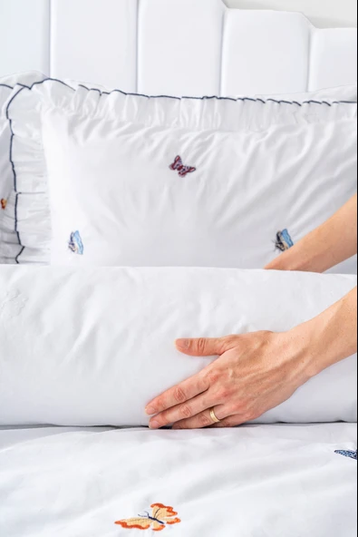 Rivaİstanbul Kelebekli Çift Kişilik Nakışlı %100 Pamuklu Nevresim Takımı & Çeyiz Seti - Resim 5