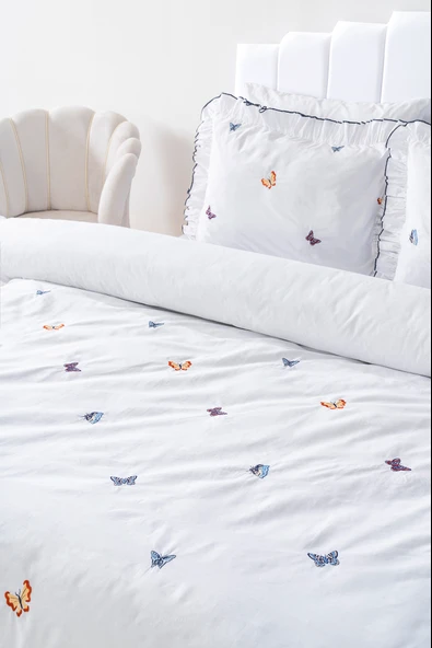 Rivaİstanbul Kelebekli Çift Kişilik Nakışlı %100 Pamuklu Nevresim Takımı & Çeyiz Seti - Resim 4