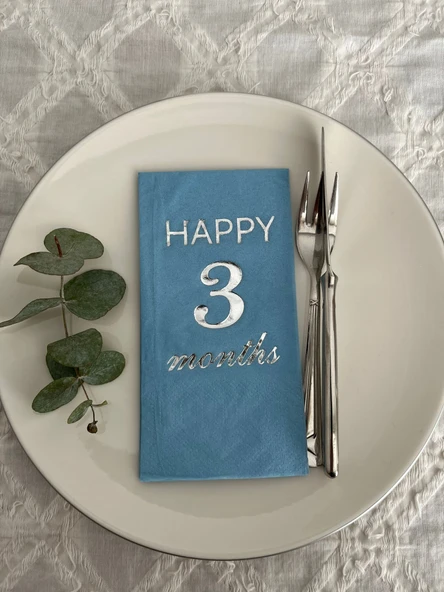 Gümüş Yaldızlı Mavi Happy 3 Yaş Months Garson Katlama Peçete 16 Adet ürün görseli