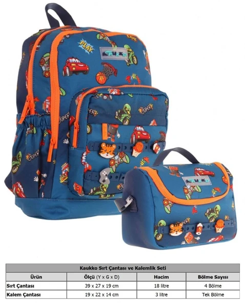 Kaukko Kids Dört Bölmeli Sırt Çantası ve Isı Yalıtımlı Beslenme Çantası Seti - Erkek Çocuk - Lacivert Turuncu - Resim 2