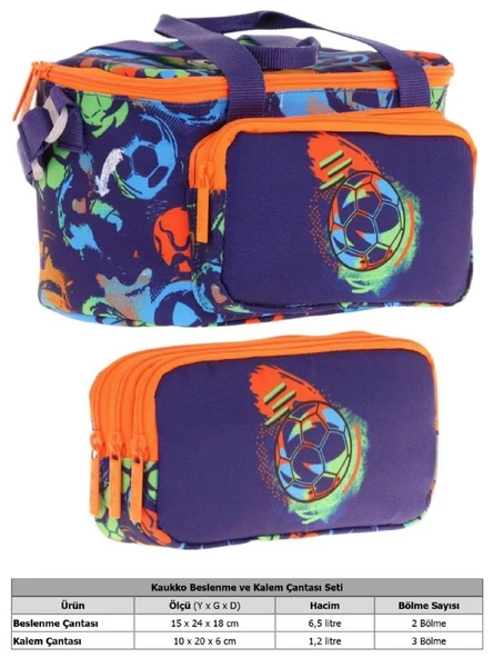 Kaukko (L7269+L8269) Beslenme Çantası (Isı Yalıtımlı) ve Kalem Çantası (Üç Bölme) Seti - Erkek Çocuk - Lacivert Turuncu Futbol Topu Baskılı - Resim 2