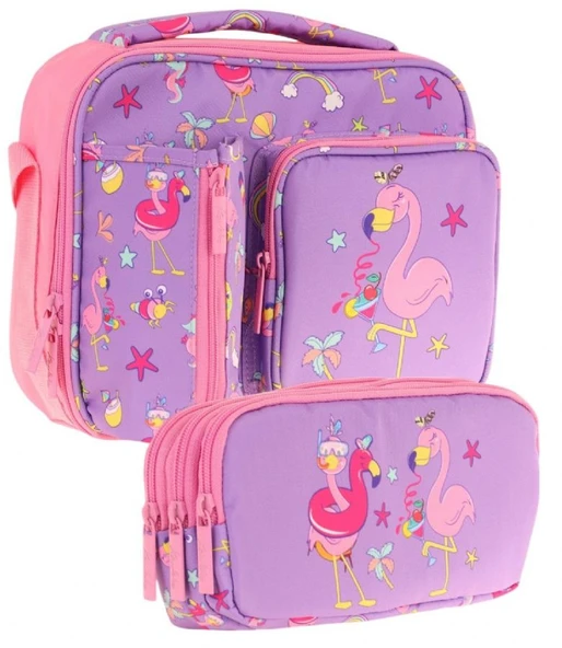Kaukko Kids Kız Çocuk Mor Pembe Flamingo Baskılı Üç Bölmeli Thermo Beslenme Çantası ve Kalemlik Seti (L7240+L8240) ürün görseli