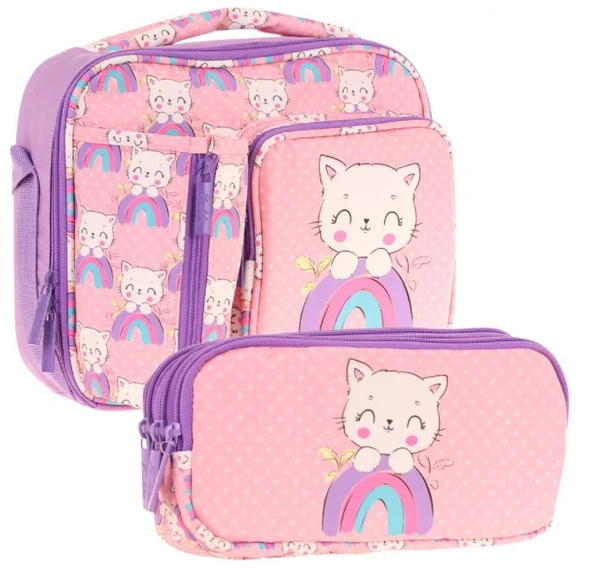 Kaukko Kids Kız Çocuk Somon Mor Kedi Desenli Üç Bölmeli Thermo Beslenme Çantası ve Kalemlik Seti (L7241+L8241) ürün görseli