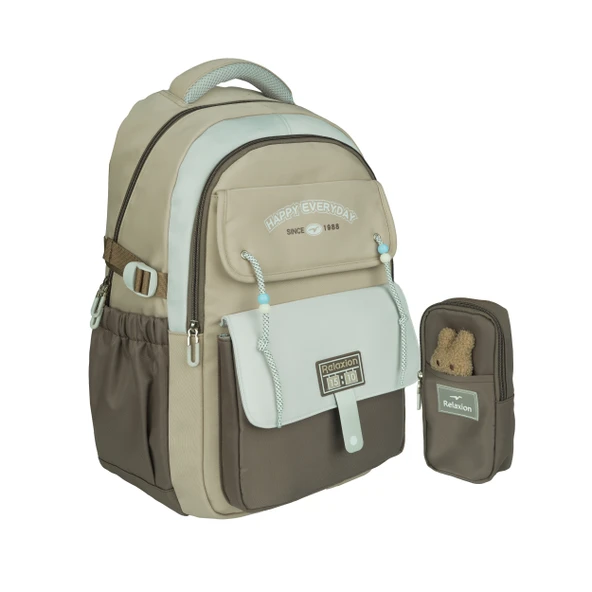 Relaxion Yeni Sezon, Kalemlikli, Gri-Kahverengi İthal Premium Okul Sırt Çantası (1515) ürün görseli