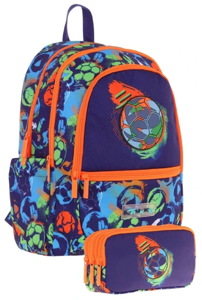 Kaukko Erkek Çocuk Dört Gözlü Okul Çantası ve Üç Gözlü Kalem Çantası Seti - Lacivert Turuncu - Futbol Topu (L5269+L8269) ürün görseli