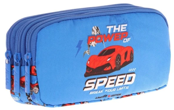Kaukko Kids Mavi, Yarış Arabası Desenli, Erkek Çocuk Üç Bölmeli Okul Kalem Çantası - L8268 ürün görseli