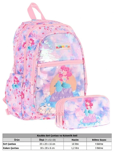 Kaukko Kids Kız Çocuk Okul Çantası ve Üç Bölmeli Kalemlik Seti (Pembe Mavi - Pullu Denizkızı) - (L5217+L8217) - Resim 2