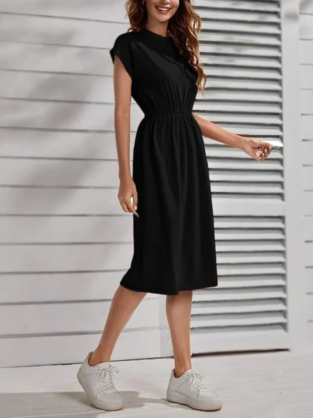 Kadın Kısa Kollu Bisiklet Yaka Belden Lastikli Midi Viskon Elbise - Resim 2