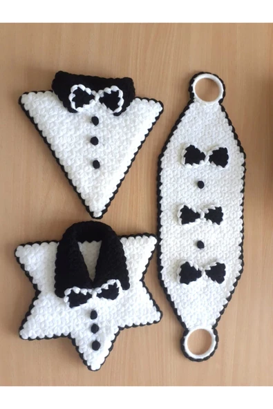 Çeyizlik El Örgüsü Siyah Beyaz Damat Lif 3'lü ürün görseli