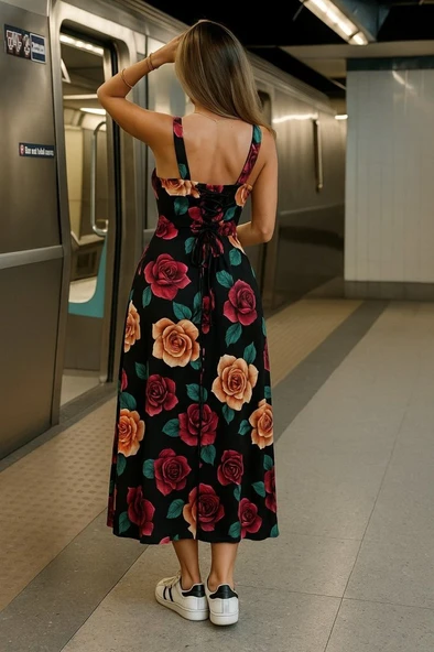 Kadın Askılı Geniş V Yakalı Sırttan Bağlamalı Yırtmaçlı Süprem Elbise - Resim 2