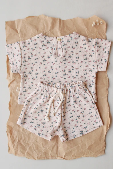 Renkli Çiçek Baskılı Waffle Şort Takım - Resim 4