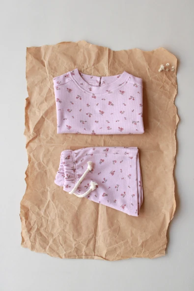 Pembe Çiçek Baskılı Waffle Şort Takım - 4