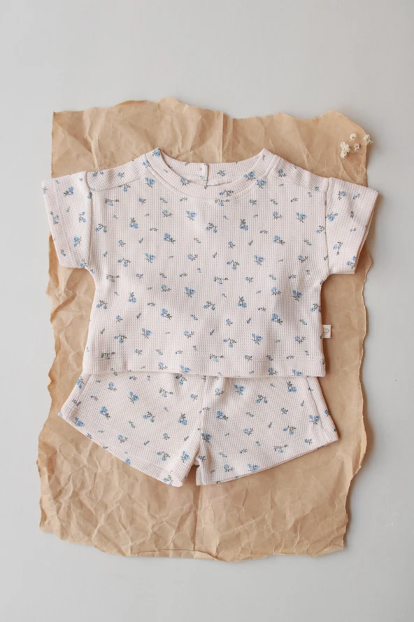 Mavi Çiçek Baskılı Waffle Şort Takım - Resim 6