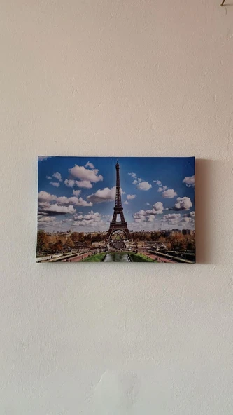Eyfel Kulesi Manzaralı Natürel Tasarım Ahşap Çerçeve Ev İşyeri Duvar Kanvas Tablo SHR5 ürün görseli