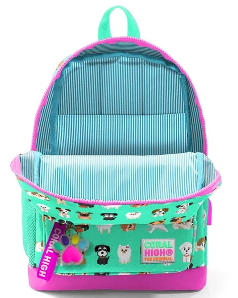 Coral High Kids Su Yeşili Neon Pembe Köpek Desenli Dört Bölmeli USBli Okul Sırt Çantası 23266 - Resim 3