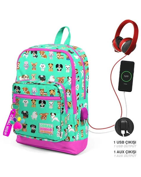 Coral High Kids Su Yeşili Neon Pembe Köpek Desenli Dört Bölmeli USBli Okul Sırt Çantası 23266 - Resim 5