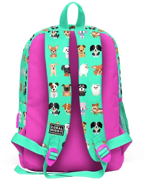 Coral High Kids Su Yeşili Neon Pembe Köpek Desenli Dört Bölmeli USBli Okul Sırt Çantası 23266 - Resim 4