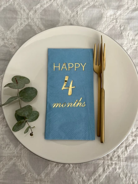 Gold Yaldızlı Mavi Happy 4 Yaş Months Garson Katlama Peçete 16 Adet ürün görseli 1