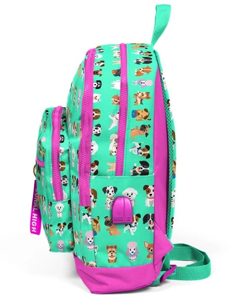 Coral High Kids Su Yeşili Neon Pembe Köpek Desenli Dört Bölmeli USBli Okul Sırt Çantası 23266 - Resim 2