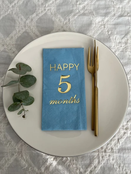 Gold Yaldızlı Mavi Happy 5 Yaş Months Garson Katlama Peçete 16 Adet ürün görseli 1