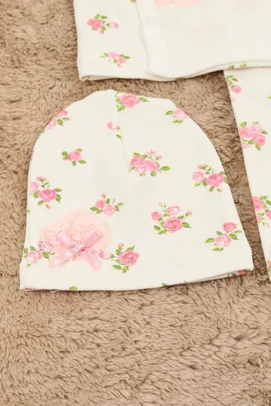 Kız Bebek Kaneviçe Gül Detaylı Fiyonklu 3 Parça Hastane Çıkışı / Zıbın Seti / Bebek Takım YeniDoğan - Resim 3