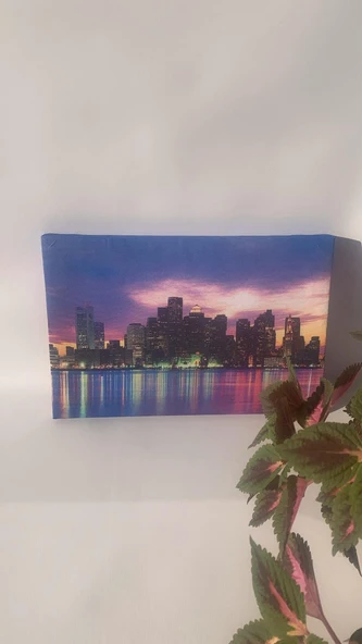 Renkli Işık Günbatımı Gökdelen Manzaralı Natürel Tasarım Ahşap Çerçeve Ev İşyeri Kanvas Tablo SHR6 - 4