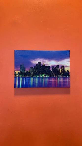 Renkli Işık Günbatımı Gökdelen Manzaralı Natürel Tasarım Ahşap Çerçeve Ev İşyeri Kanvas Tablo SHR6 - 3