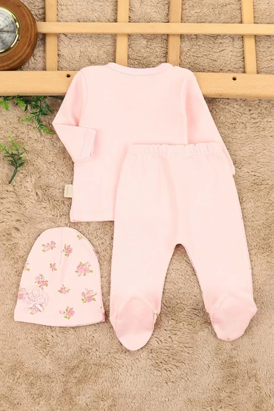 Kız Bebek Kaneviçe Gül Detaylı Fiyonklu 3 Parça Hastane Çıkışı / Zıbın Seti / Bebek Takım YeniDoğan - Resim 7