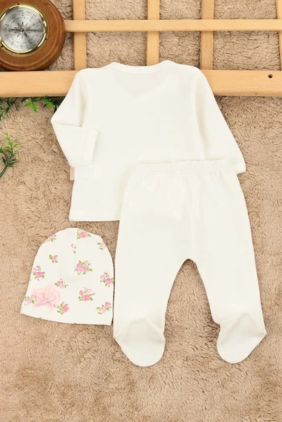 Kız Bebek Kaneviçe Gül Detaylı Fiyonklu 3 Parça Hastane Çıkışı / Zıbın Seti / Bebek Takım YeniDoğan - Resim 2